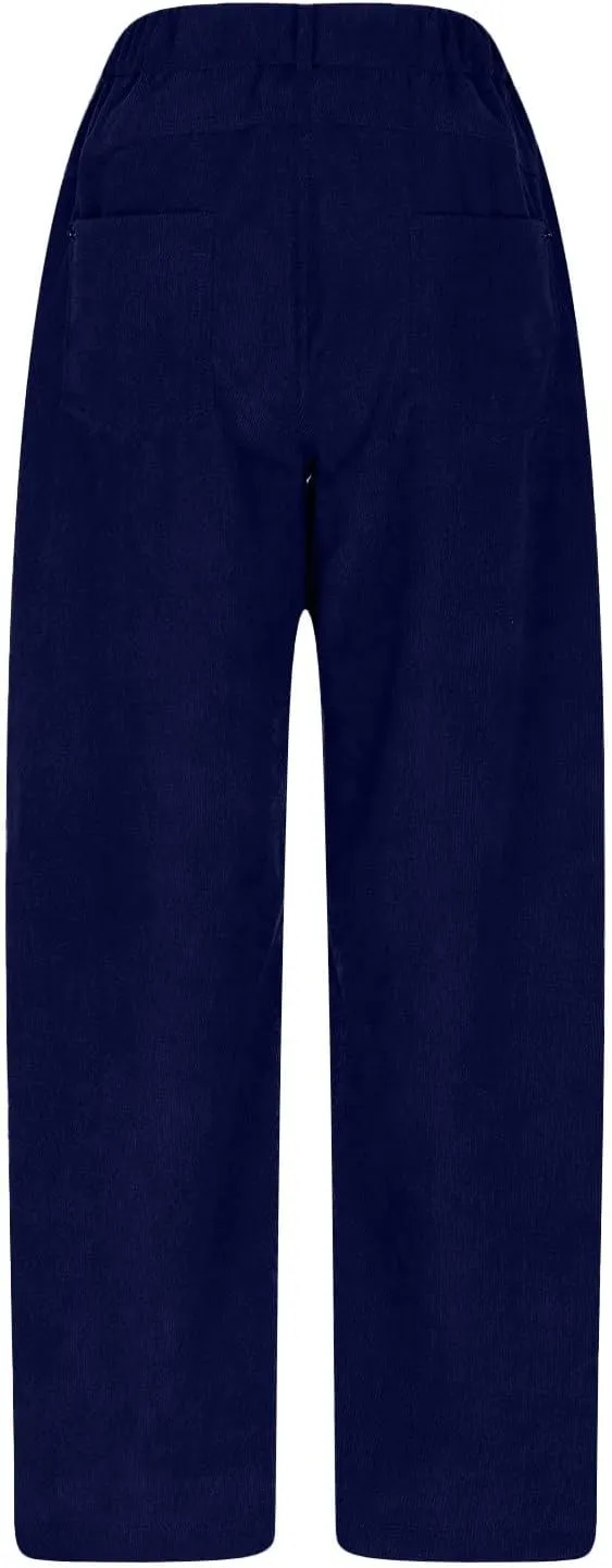 Womens Corduroy Pants Baggy Button Low Rise Wide Leg Barrel Pants Casual Dressy Cropped Ankle Pants with Pockets