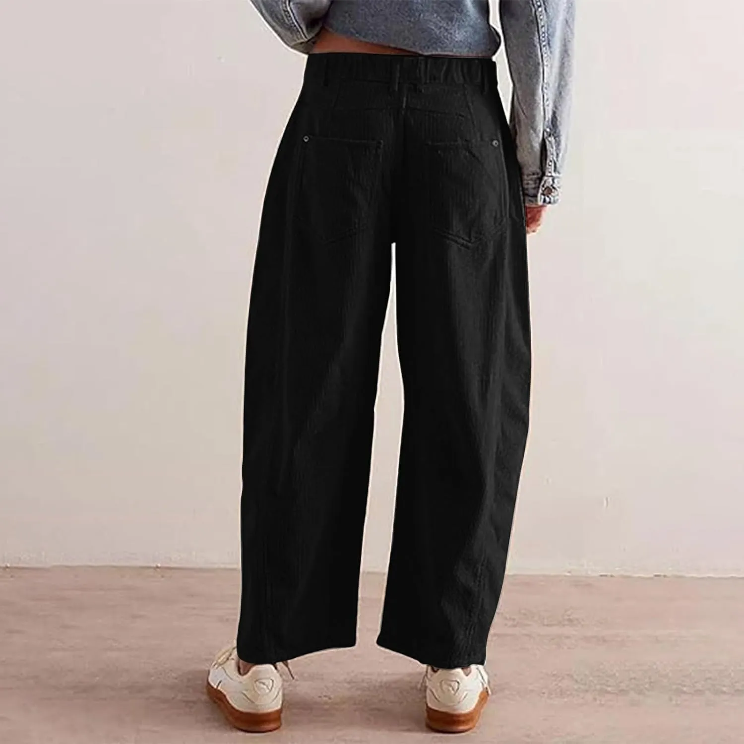 Womens Corduroy Pants Baggy Button Low Rise Wide Leg Barrel Pants Casual Dressy Cropped Ankle Pants with Pockets