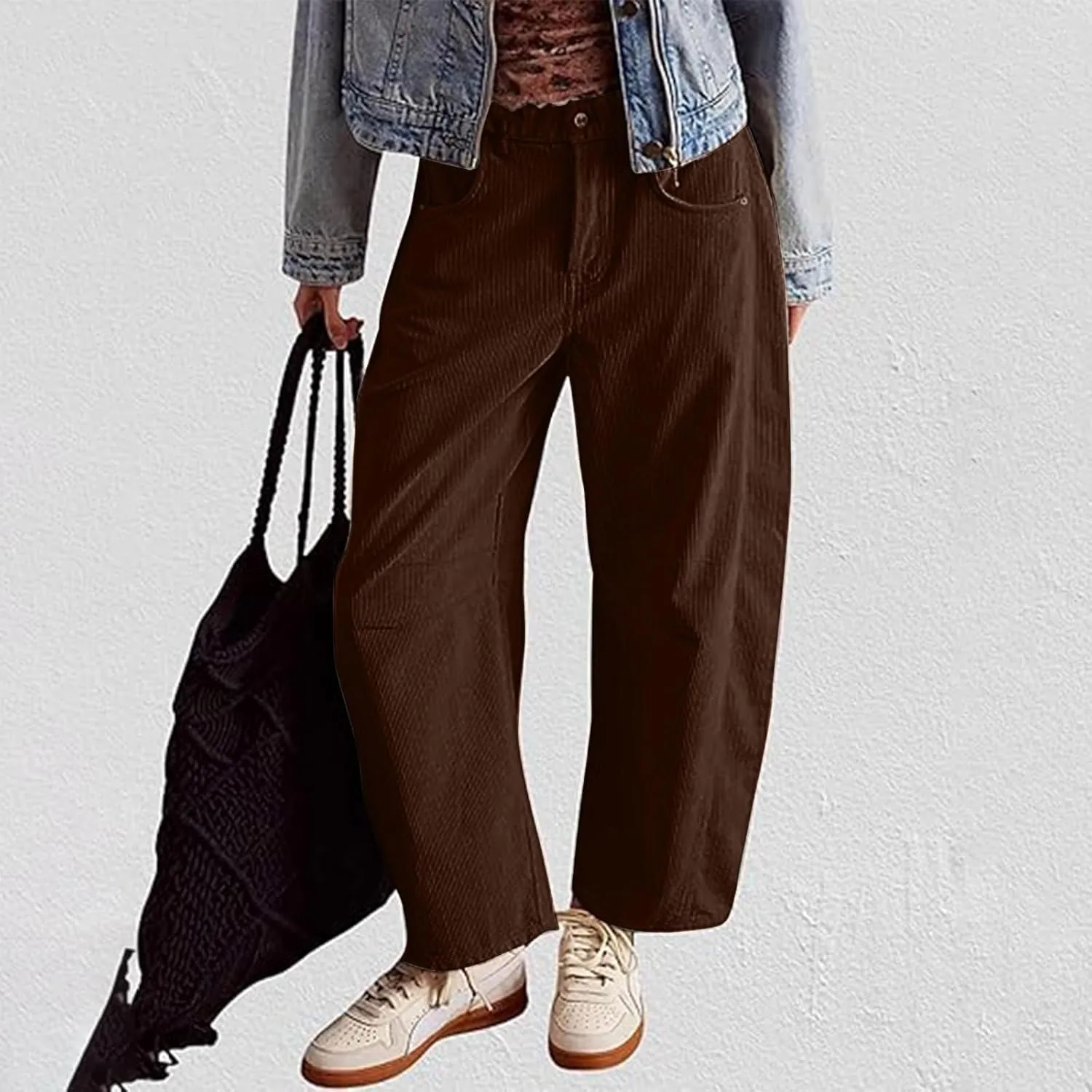 Womens Corduroy Pants Baggy Button Low Rise Wide Leg Barrel Pants Casual Dressy Cropped Ankle Pants with Pockets