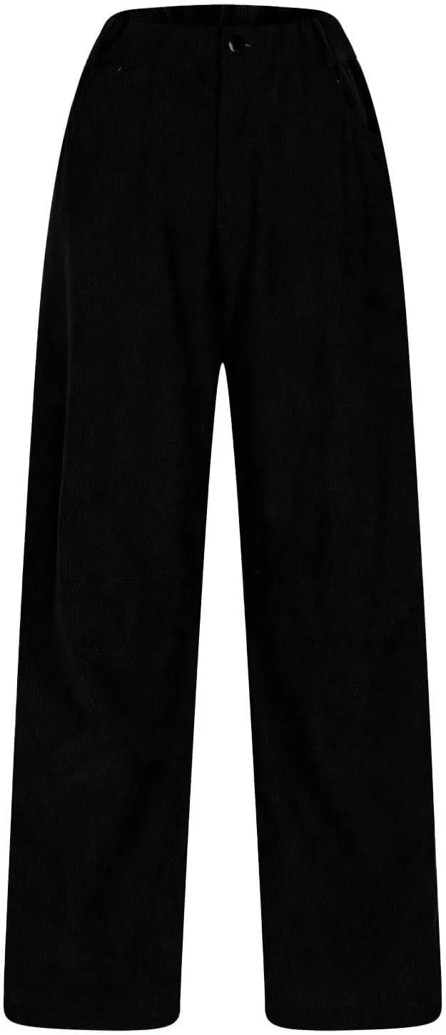 Womens Corduroy Pants Baggy Button Low Rise Wide Leg Barrel Pants Casual Dressy Cropped Ankle Pants with Pockets