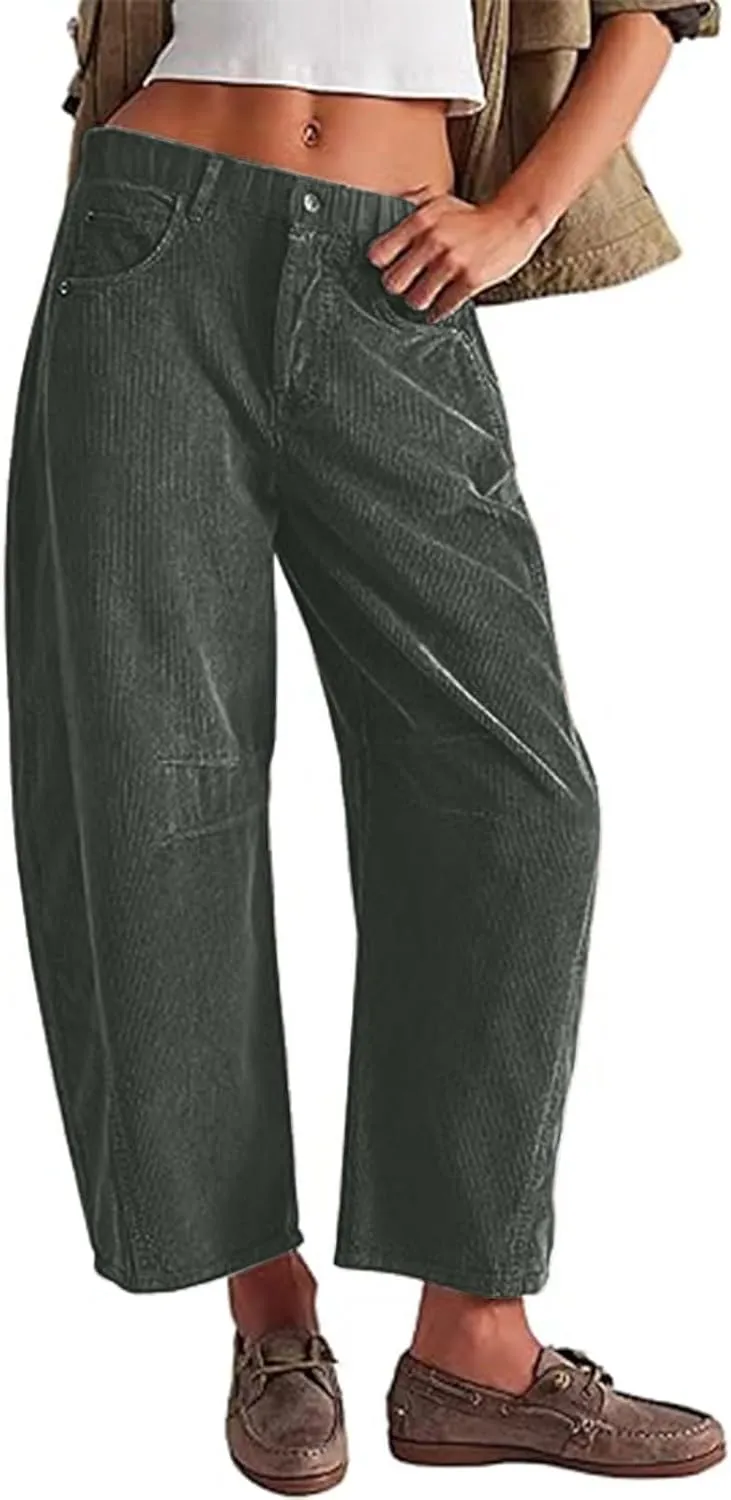 Womens Corduroy Pants Baggy Button Low Rise Wide Leg Barrel Pants Casual Dressy Cropped Ankle Pants with Pockets