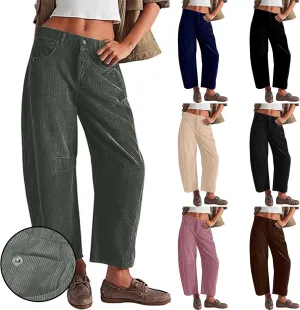 Womens Corduroy Pants Baggy Button Low Rise Wide Leg Barrel Pants Casual Dressy Cropped Ankle Pants with Pockets