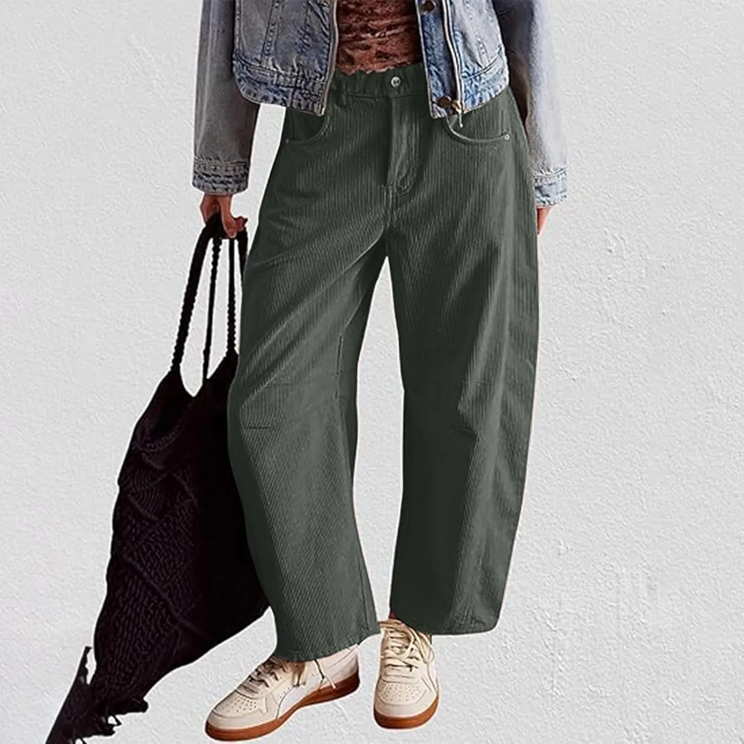 Womens Corduroy Pants Baggy Button Low Rise Wide Leg Barrel Pants Casual Dressy Cropped Ankle Pants with Pockets