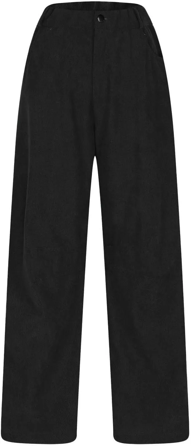 Womens Corduroy Pants Baggy Button Low Rise Wide Leg Barrel Pants Casual Dressy Cropped Ankle Pants with Pockets