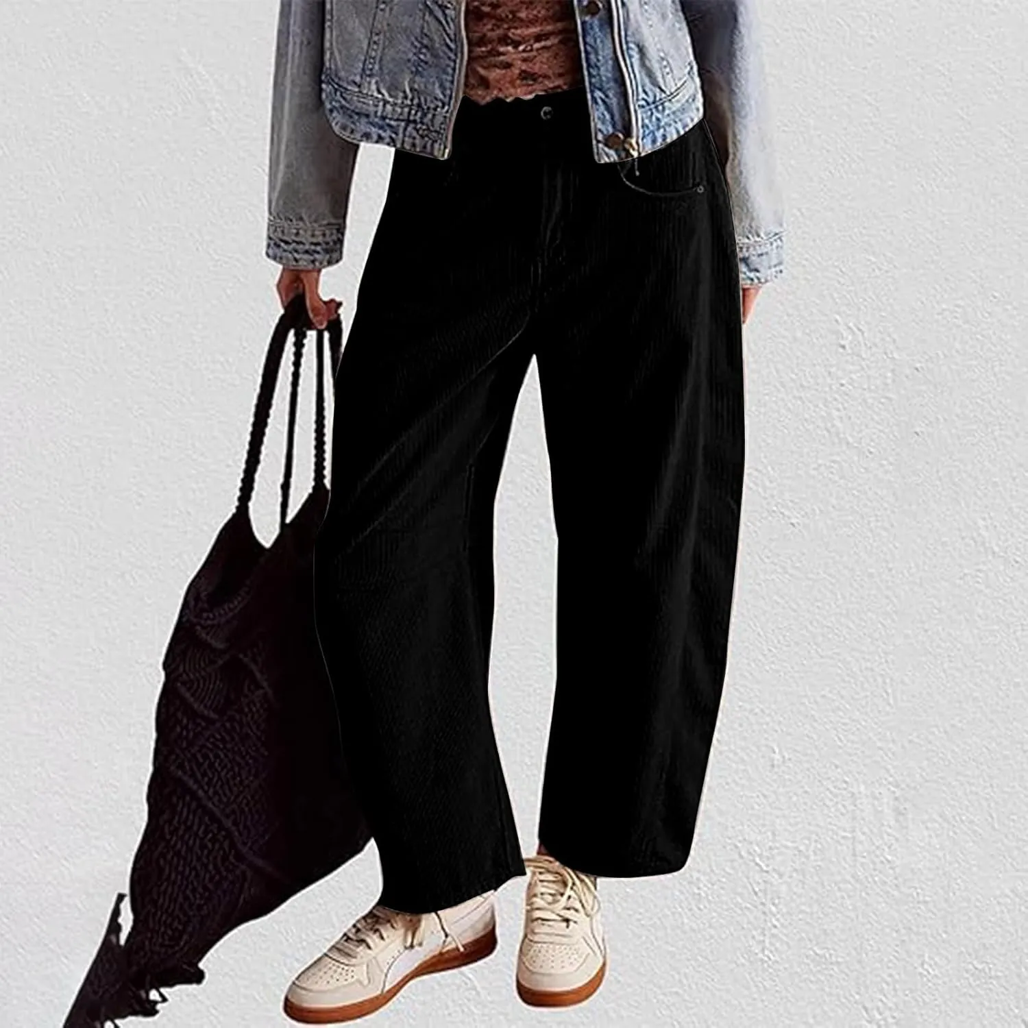 Womens Corduroy Pants Baggy Button Low Rise Wide Leg Barrel Pants Casual Dressy Cropped Ankle Pants with Pockets