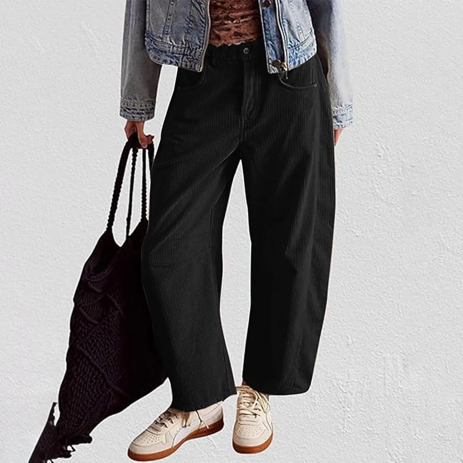Womens Corduroy Pants Baggy Button Low Rise Wide Leg Barrel Pants Casual Dressy Cropped Ankle Pants with Pockets