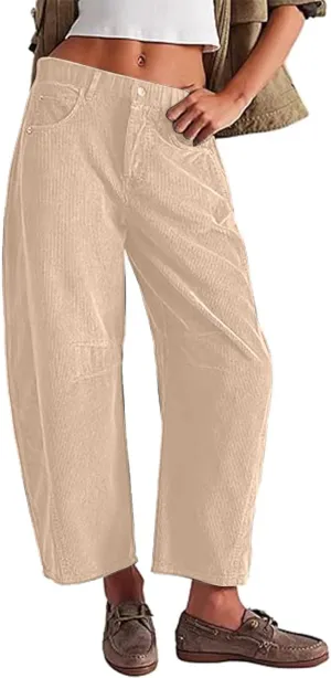 Womens Corduroy Pants Baggy Button Low Rise Wide Leg Barrel Pants Casual Dressy Cropped Ankle Pants with Pockets