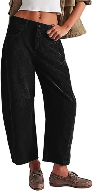 Womens Corduroy Pants Baggy Button Low Rise Wide Leg Barrel Pants Casual Dressy Cropped Ankle Pants with Pockets