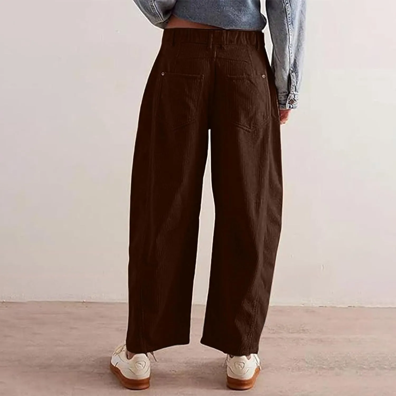 Womens Corduroy Pants Baggy Button Low Rise Wide Leg Barrel Pants Casual Dressy Cropped Ankle Pants with Pockets