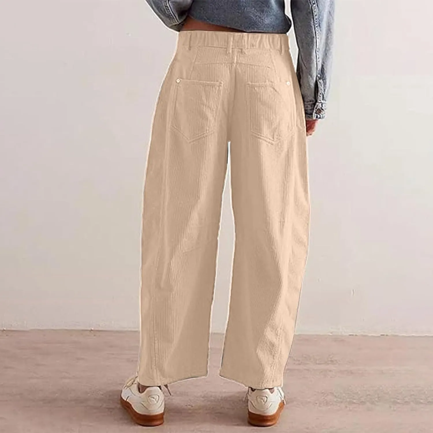 Womens Corduroy Pants Baggy Button Low Rise Wide Leg Barrel Pants Casual Dressy Cropped Ankle Pants with Pockets