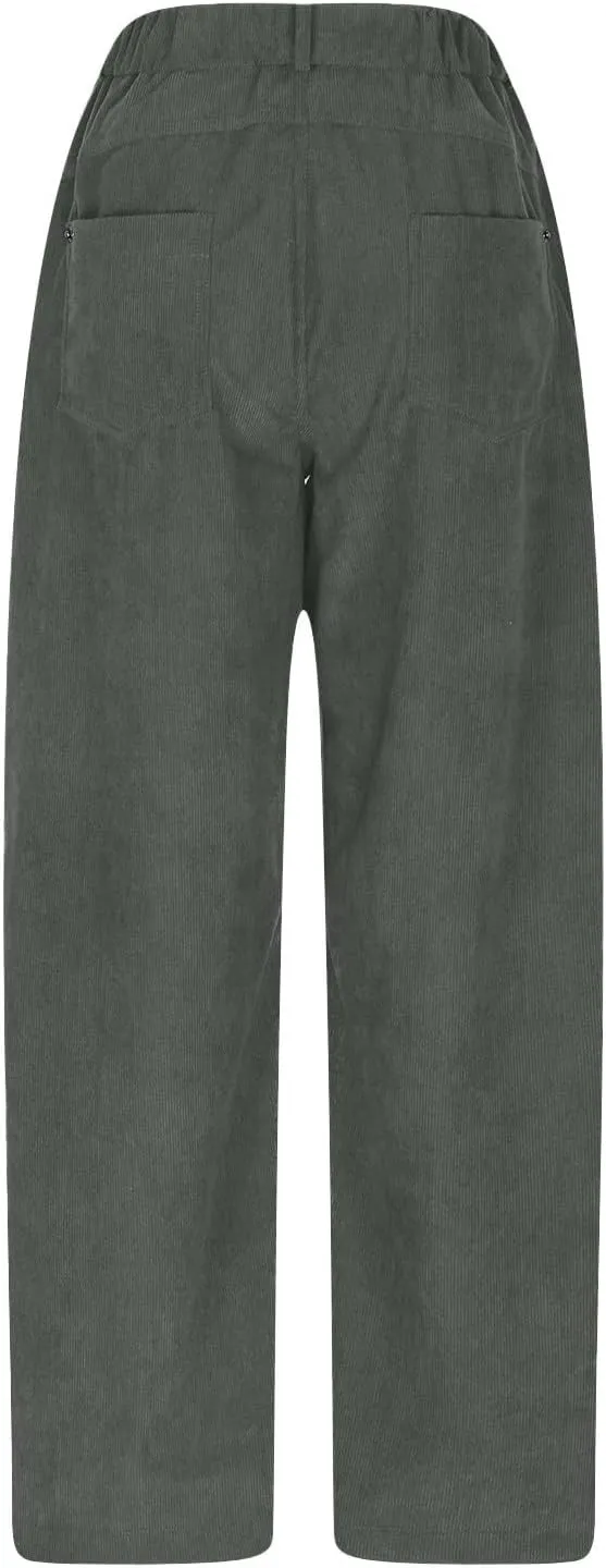 Womens Corduroy Pants Baggy Button Low Rise Wide Leg Barrel Pants Casual Dressy Cropped Ankle Pants with Pockets