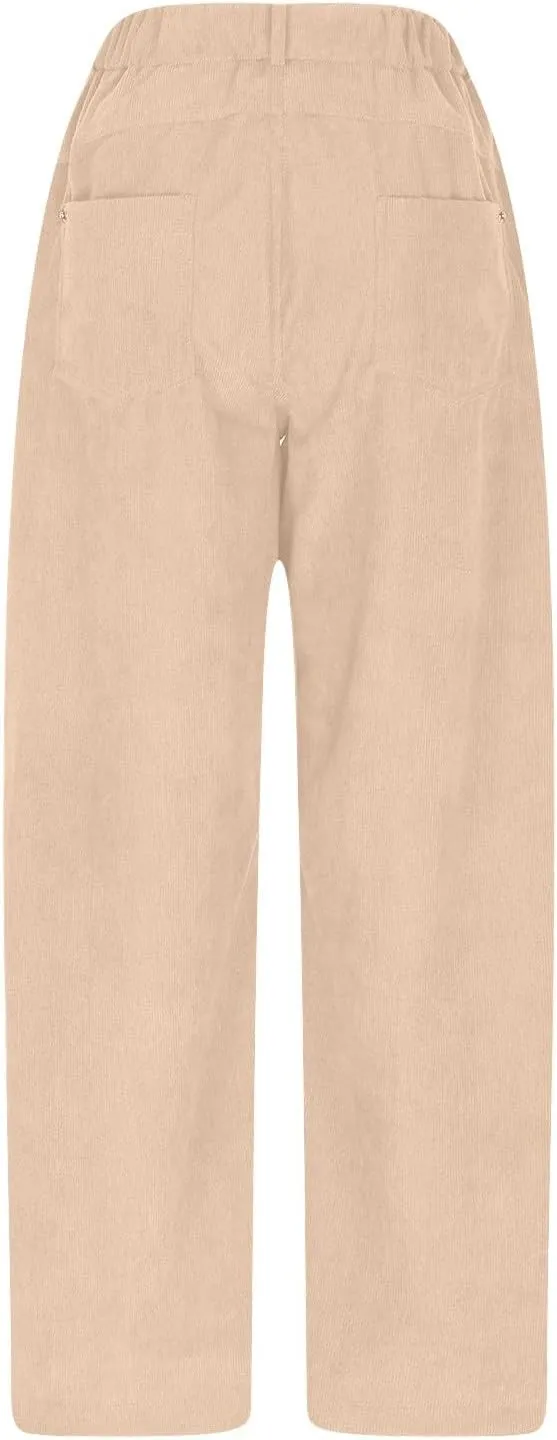 Womens Corduroy Pants Baggy Button Low Rise Wide Leg Barrel Pants Casual Dressy Cropped Ankle Pants with Pockets