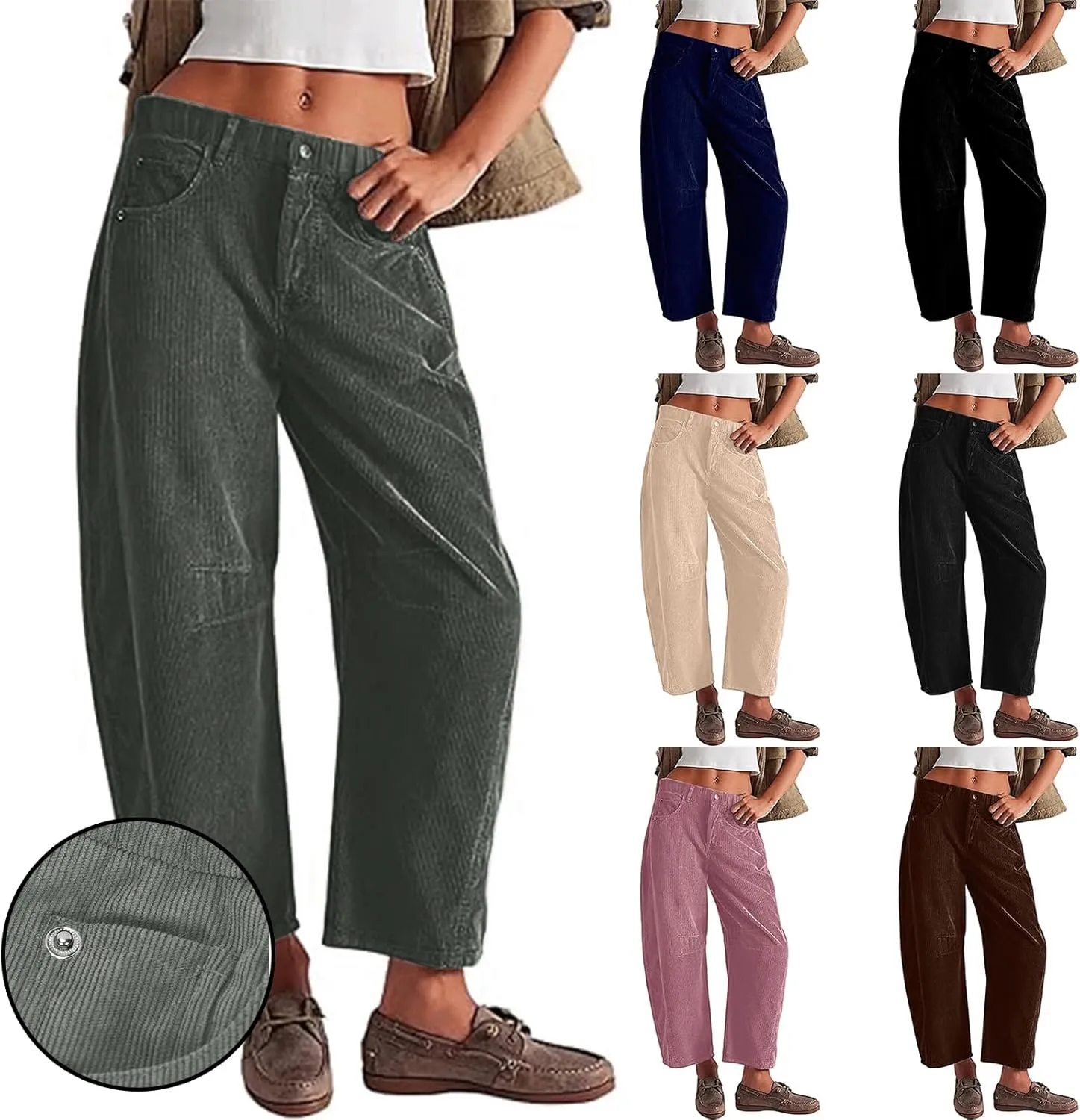 Womens Corduroy Pants Baggy Button Low Rise Wide Leg Barrel Pants Casual Dressy Cropped Ankle Pants with Pockets