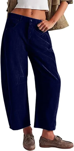 Womens Corduroy Pants Baggy Button Low Rise Wide Leg Barrel Pants Casual Dressy Cropped Ankle Pants with Pockets