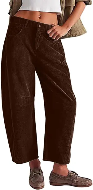 Womens Corduroy Pants Baggy Button Low Rise Wide Leg Barrel Pants Casual Dressy Cropped Ankle Pants with Pockets