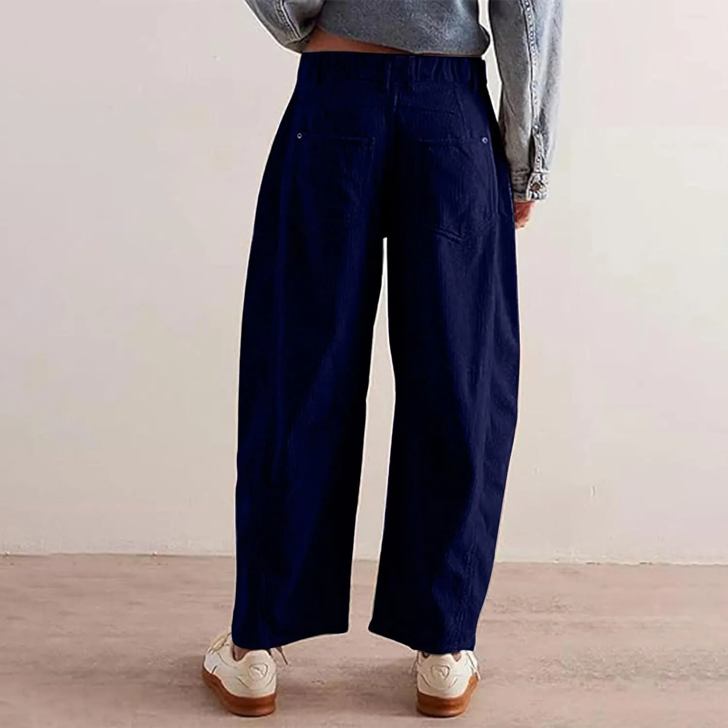 Womens Corduroy Pants Baggy Button Low Rise Wide Leg Barrel Pants Casual Dressy Cropped Ankle Pants with Pockets
