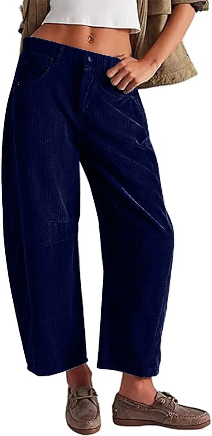 Womens Corduroy Pants Baggy Button Low Rise Wide Leg Barrel Pants Casual Dressy Cropped Ankle Pants with Pockets