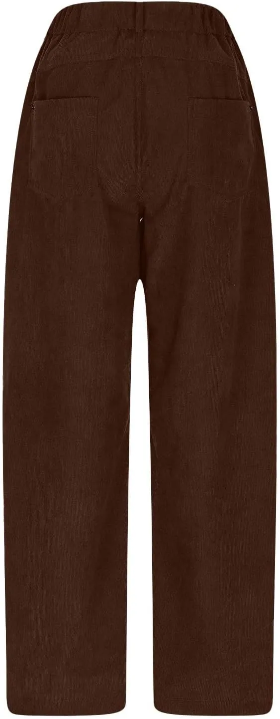 Womens Corduroy Pants Baggy Button Low Rise Wide Leg Barrel Pants Casual Dressy Cropped Ankle Pants with Pockets