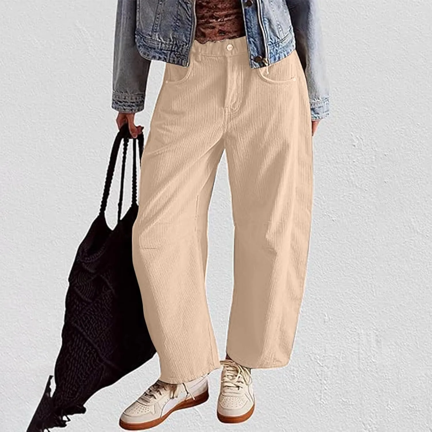 Womens Corduroy Pants Baggy Button Low Rise Wide Leg Barrel Pants Casual Dressy Cropped Ankle Pants with Pockets