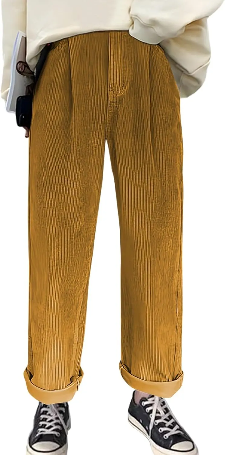 Women's Corduroy Pants Barrel Mid-Rise Elastic Waist Harem Pant Wide Leg Straight Leg Baggy Trouser with Pockets