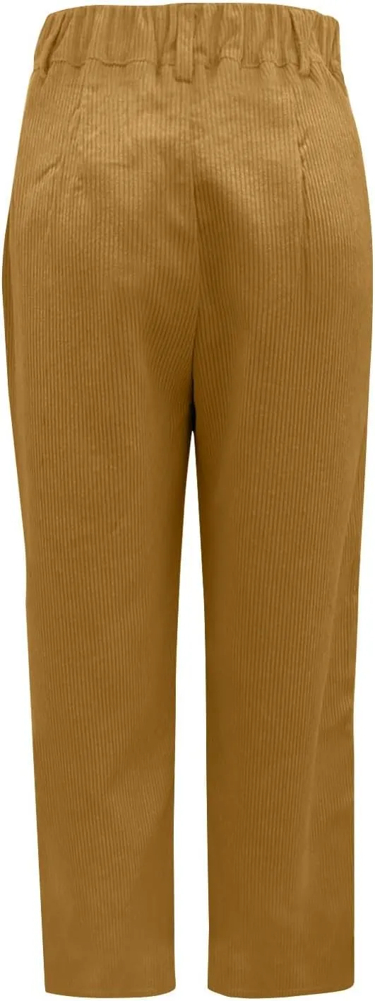 Women's Corduroy Pants Barrel Mid-Rise Elastic Waist Harem Pant Wide Leg Straight Leg Baggy Trouser with Pockets
