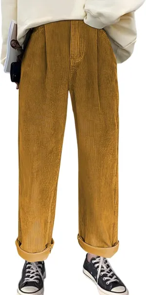 Women's Corduroy Pants Barrel Mid-Rise Elastic Waist Harem Pant Wide Leg Straight Leg Baggy Trouser with Pockets