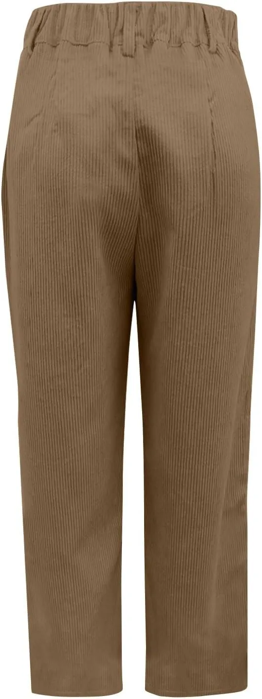 Women's Corduroy Pants Barrel Mid-Rise Elastic Waist Harem Pant Wide Leg Straight Leg Baggy Trouser with Pockets