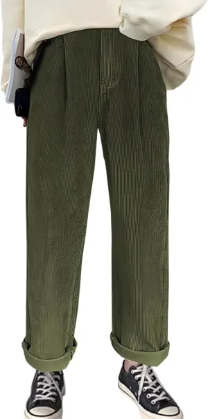 Women's Corduroy Pants Barrel Mid-Rise Elastic Waist Harem Pant Wide Leg Straight Leg Baggy Trouser with Pockets
