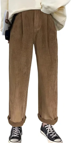 Women's Corduroy Pants Barrel Mid-Rise Elastic Waist Harem Pant Wide Leg Straight Leg Baggy Trouser with Pockets