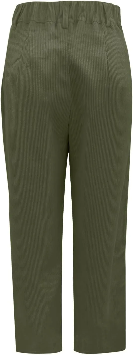 Women's Corduroy Pants Barrel Mid-Rise Elastic Waist Harem Pant Wide Leg Straight Leg Baggy Trouser with Pockets