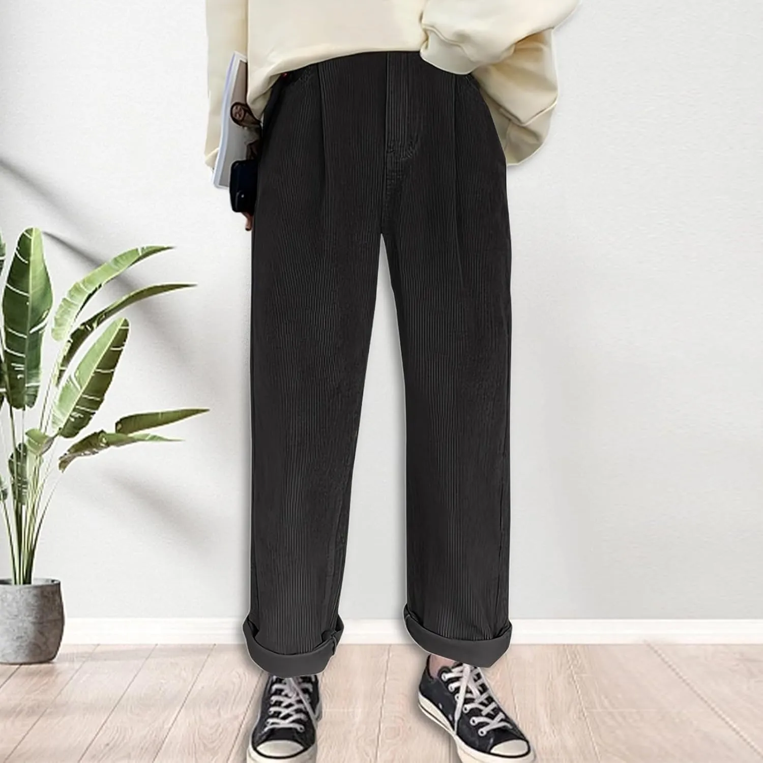 Women's Corduroy Pants Barrel Mid-Rise Elastic Waist Harem Pant Wide Leg Straight Leg Baggy Trouser with Pockets