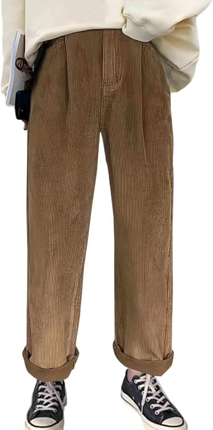 Women's Corduroy Pants Barrel Mid-Rise Elastic Waist Harem Pant Wide Leg Straight Leg Baggy Trouser with Pockets