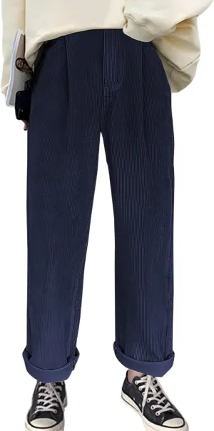 Women's Corduroy Pants Barrel Mid-Rise Elastic Waist Harem Pant Wide Leg Straight Leg Baggy Trouser with Pockets