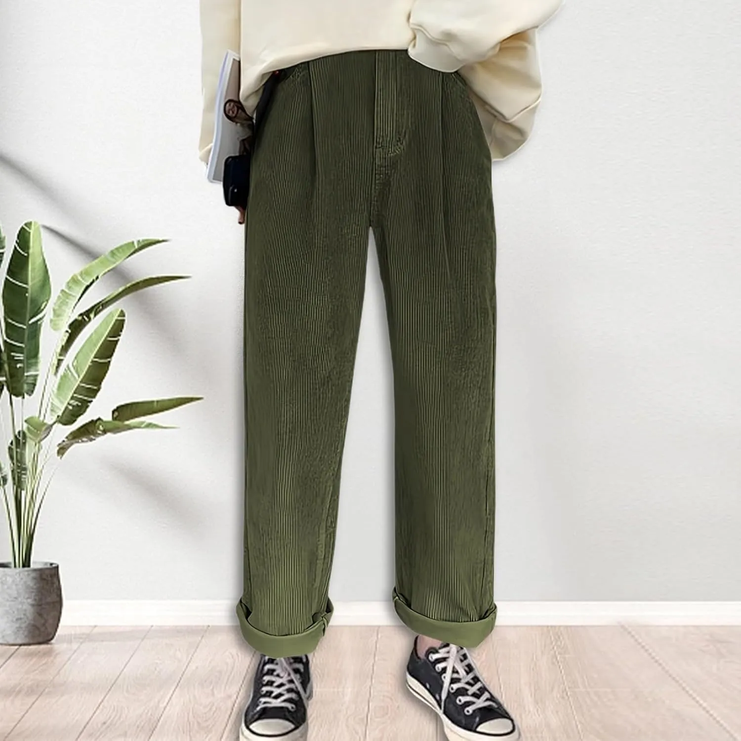 Women's Corduroy Pants Barrel Mid-Rise Elastic Waist Harem Pant Wide Leg Straight Leg Baggy Trouser with Pockets