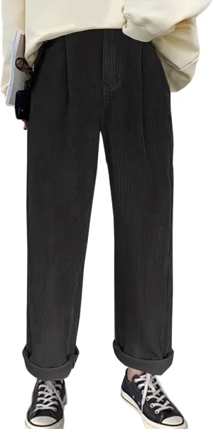 Women's Corduroy Pants Barrel Mid-Rise Elastic Waist Harem Pant Wide Leg Straight Leg Baggy Trouser with Pockets