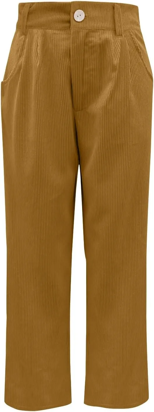 Women's Corduroy Pants Barrel Mid-Rise Elastic Waist Harem Pant Wide Leg Straight Leg Baggy Trouser with Pockets