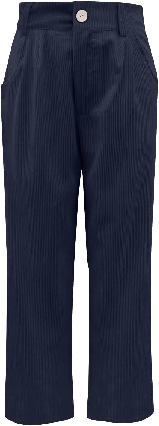 Women's Corduroy Pants Barrel Mid-Rise Elastic Waist Harem Pant Wide Leg Straight Leg Baggy Trouser with Pockets