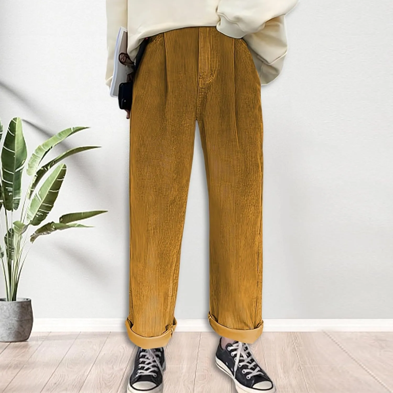 Women's Corduroy Pants Barrel Mid-Rise Elastic Waist Harem Pant Wide Leg Straight Leg Baggy Trouser with Pockets