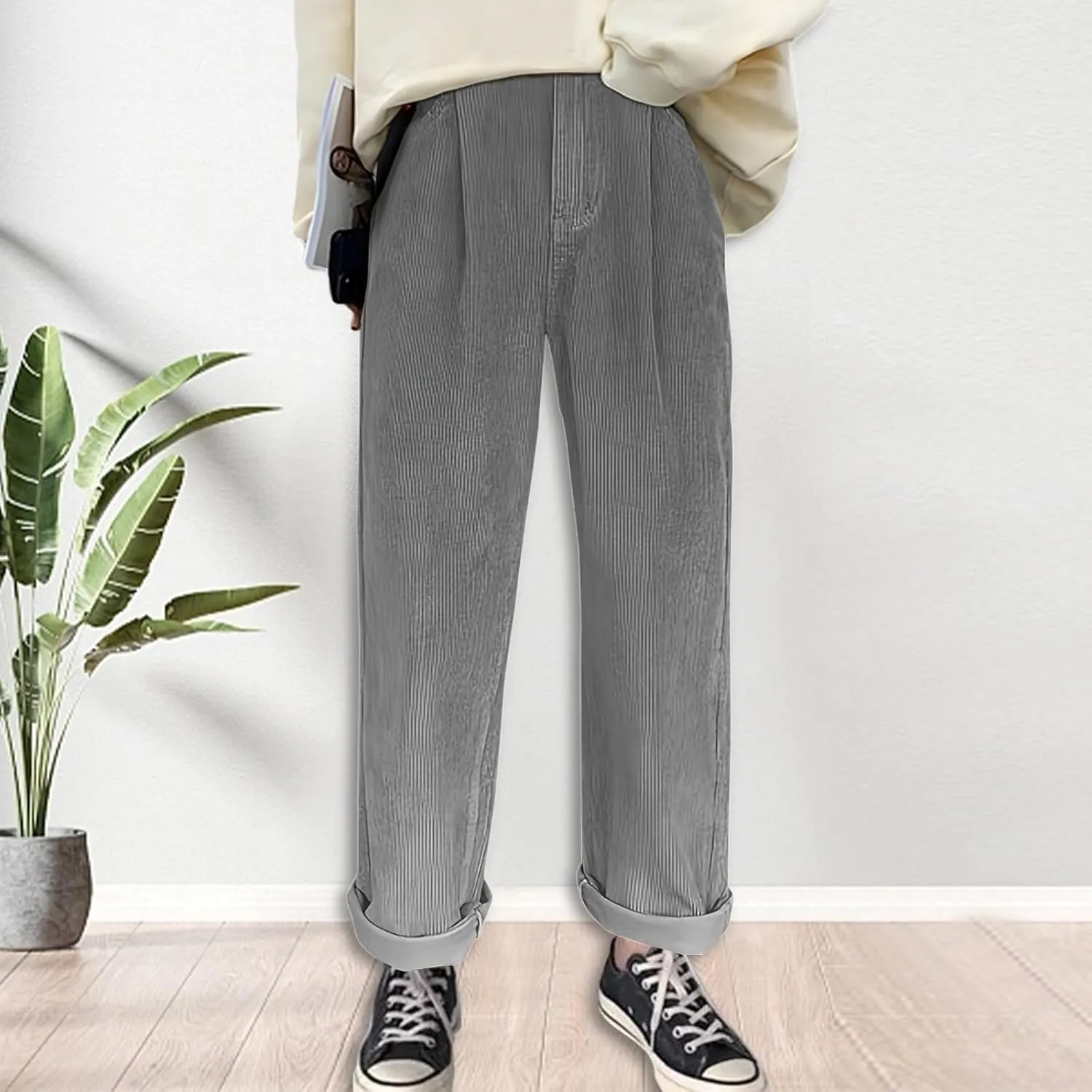 Women's Corduroy Pants Barrel Mid-Rise Elastic Waist Harem Pant Wide Leg Straight Leg Baggy Trouser with Pockets