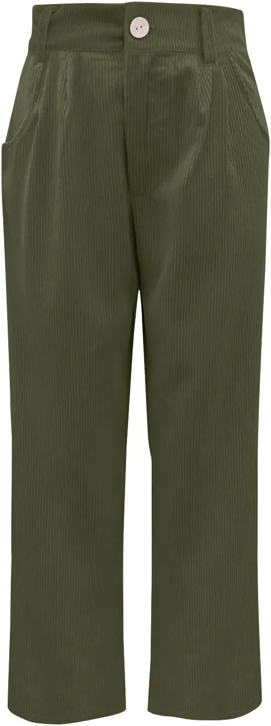 Women's Corduroy Pants Barrel Mid-Rise Elastic Waist Harem Pant Wide Leg Straight Leg Baggy Trouser with Pockets