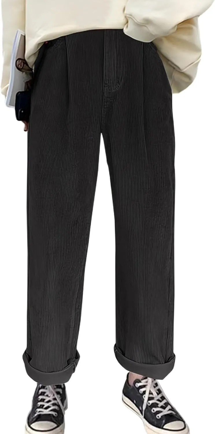 Women's Corduroy Pants Barrel Mid-Rise Elastic Waist Harem Pant Wide Leg Straight Leg Baggy Trouser with Pockets