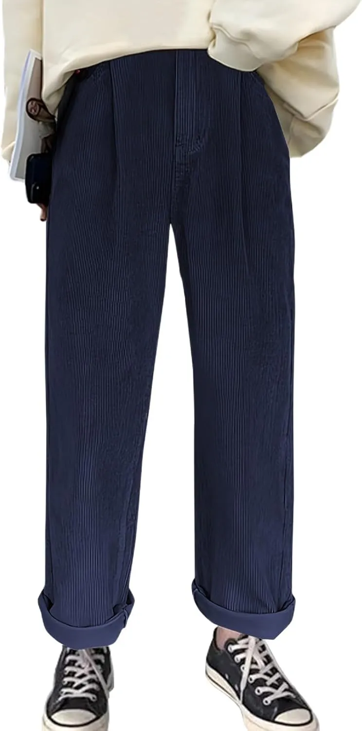 Women's Corduroy Pants Barrel Mid-Rise Elastic Waist Harem Pant Wide Leg Straight Leg Baggy Trouser with Pockets
