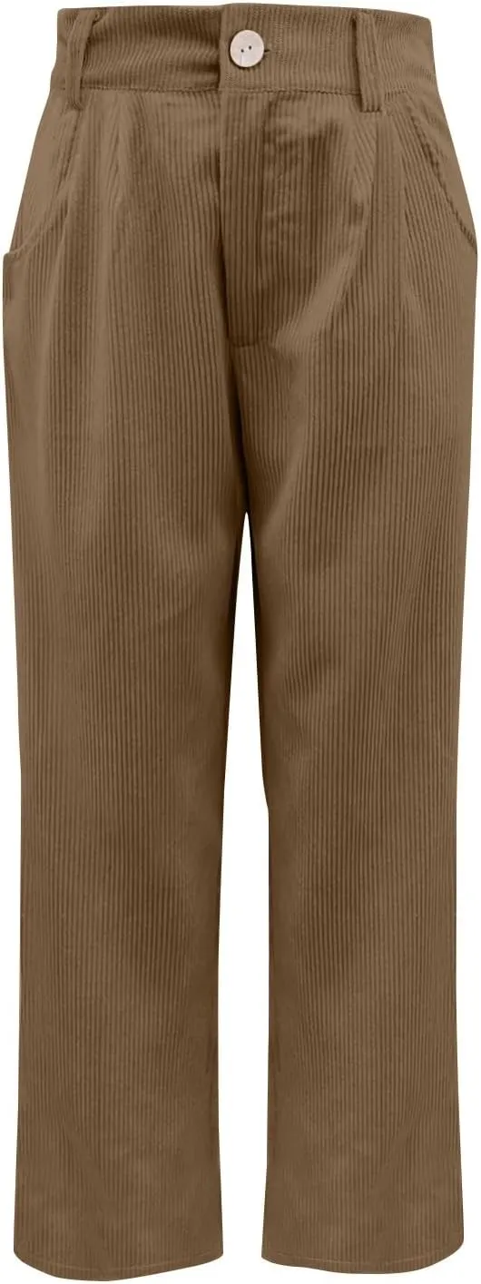 Women's Corduroy Pants Barrel Mid-Rise Elastic Waist Harem Pant Wide Leg Straight Leg Baggy Trouser with Pockets