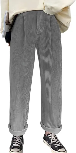 Women's Corduroy Pants Barrel Mid-Rise Elastic Waist Harem Pant Wide Leg Straight Leg Baggy Trouser with Pockets