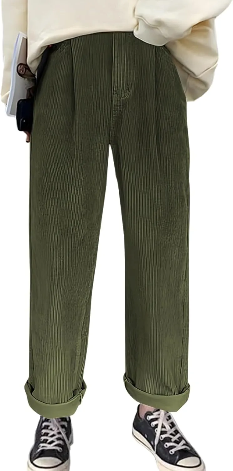 Women's Corduroy Pants Barrel Mid-Rise Elastic Waist Harem Pant Wide Leg Straight Leg Baggy Trouser with Pockets