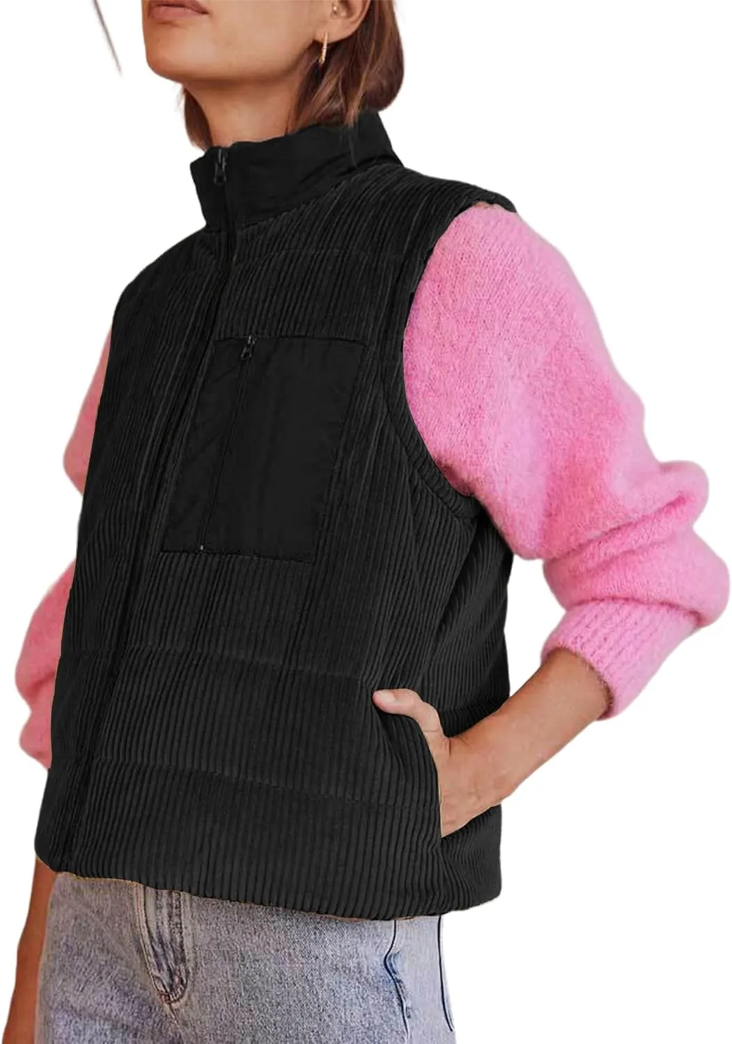 Women's Corduroy Puffer Vest Cropped Stand Collar Zip Up Color Block Vests Warm Gilet Jacket Outerwear with Pocket