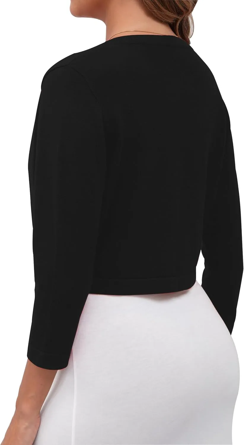 Women's Cropped Cardigans Sweaters 3/4 Sleeve Crewneck Open Front Bolero Shrugs for Women, S-XL