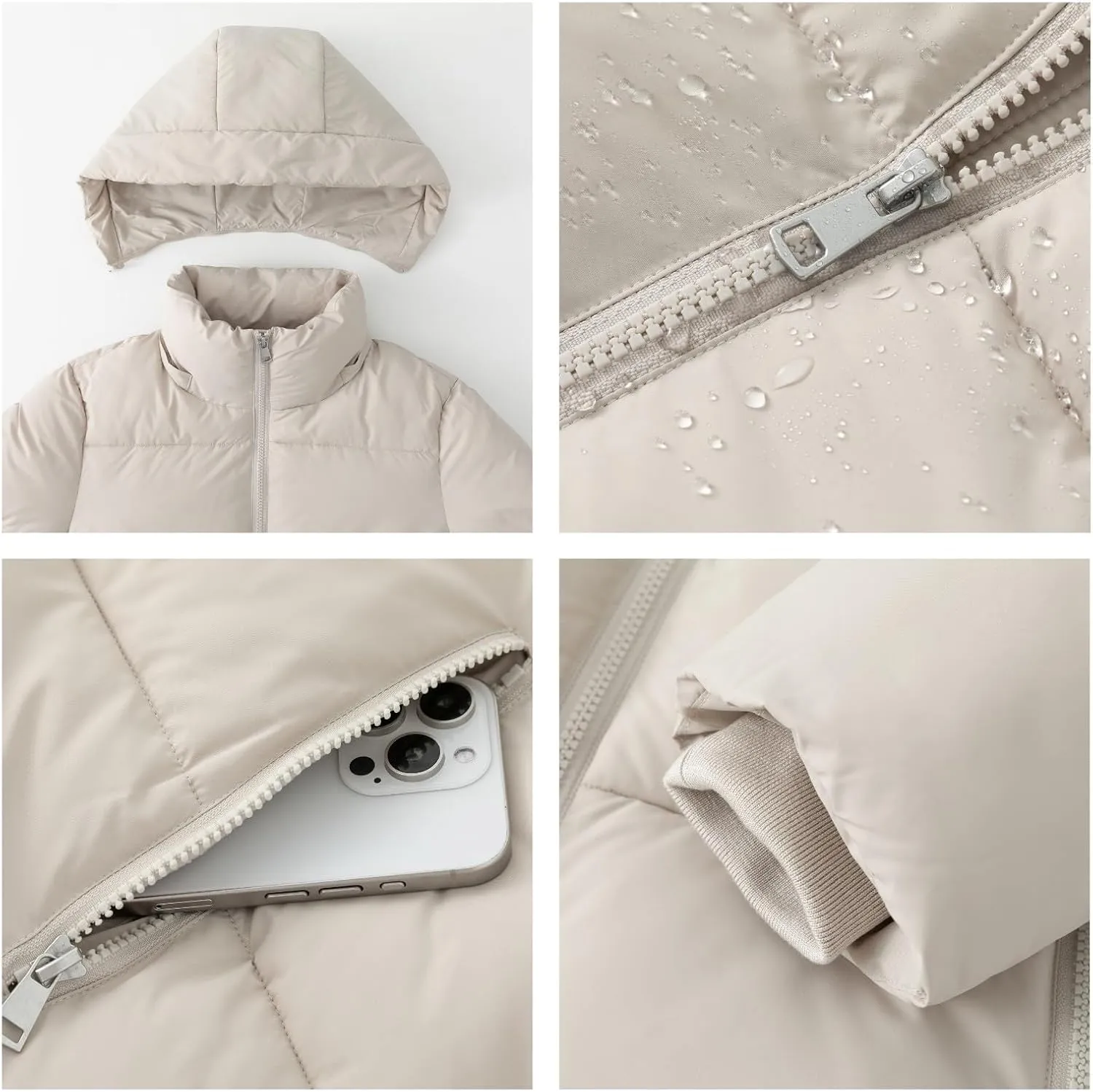 Women's Cropped Puffer Jackets,Warm Winter Jacket with Removable Hood,Zipped Pockets,Short Ladies Quilted Coat