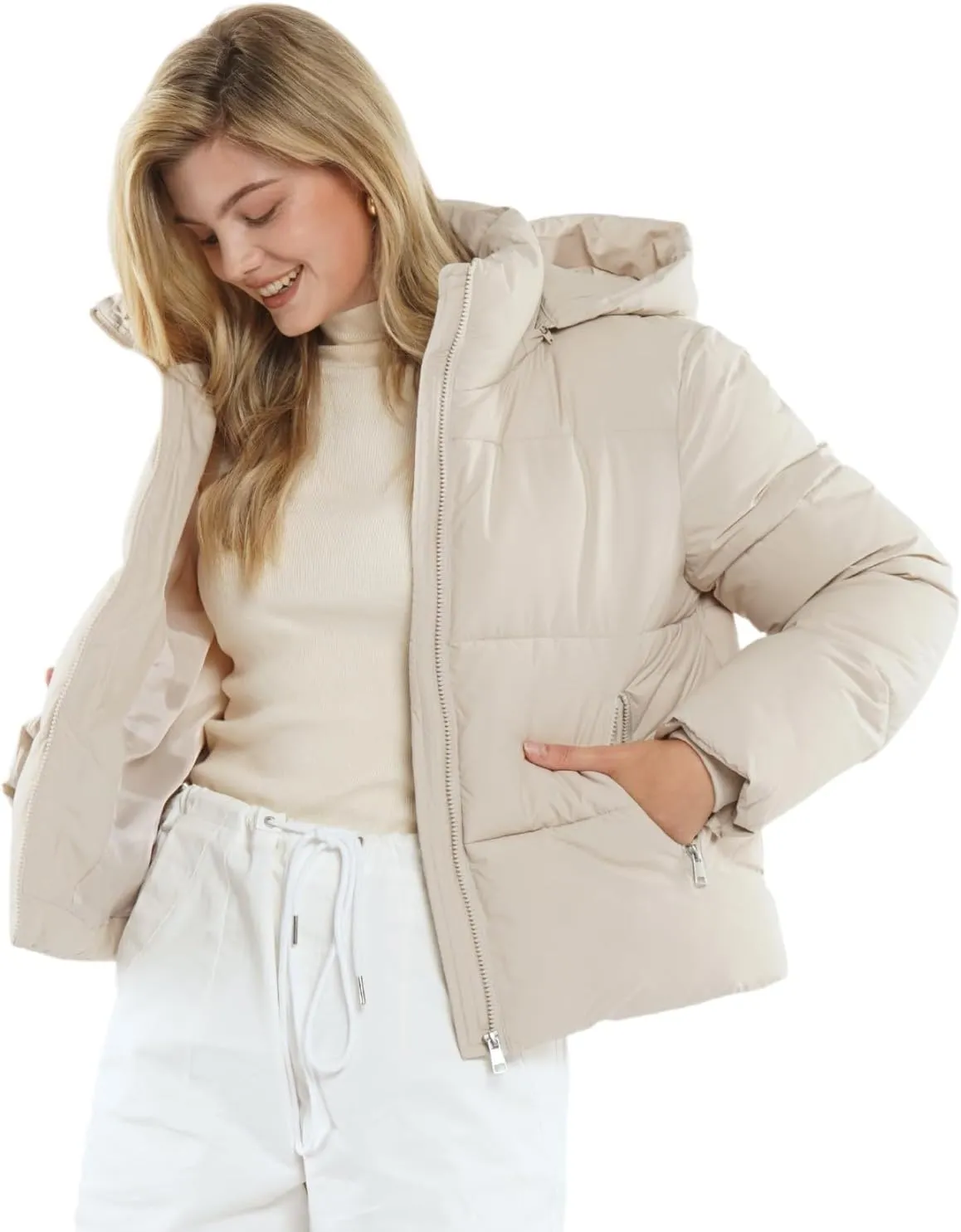 Women's Cropped Puffer Jackets,Warm Winter Jacket with Removable Hood,Zipped Pockets,Short Ladies Quilted Coat