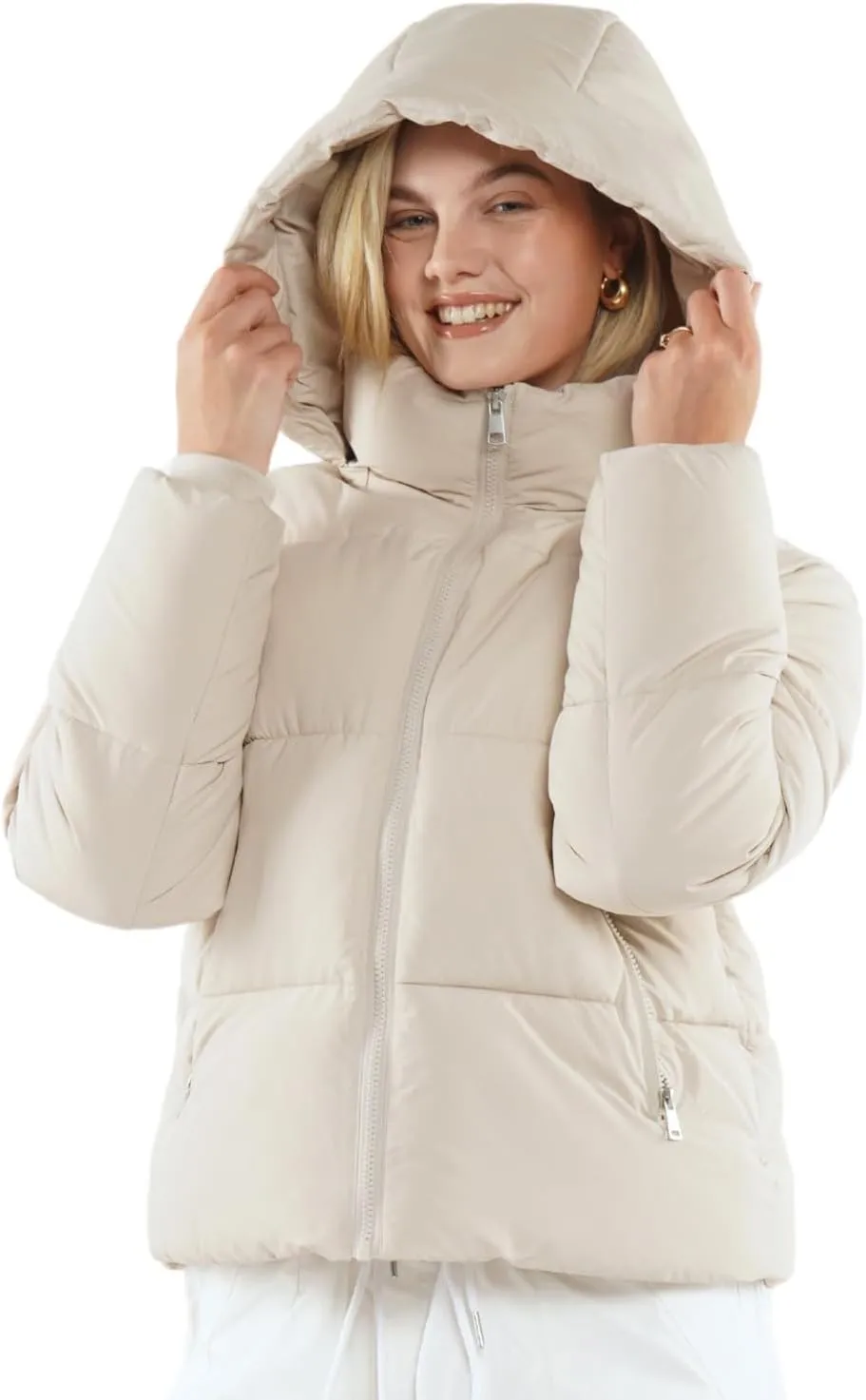 Women's Cropped Puffer Jackets,Warm Winter Jacket with Removable Hood,Zipped Pockets,Short Ladies Quilted Coat